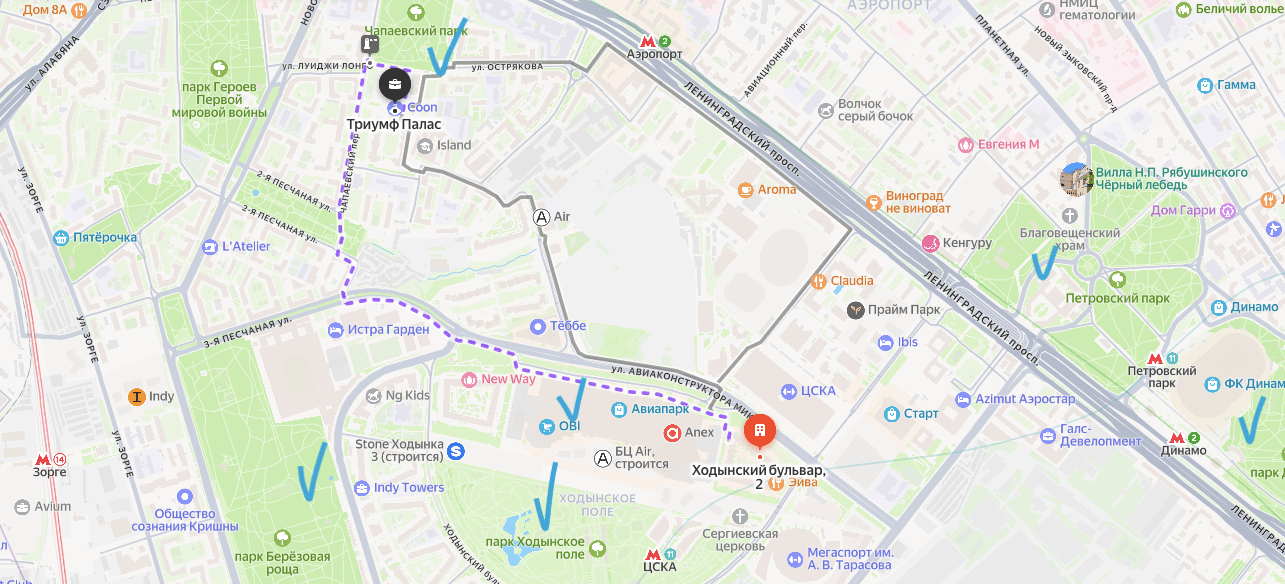 Карта нашего маршрута от Ходынского бульвара до Триумф-Палас